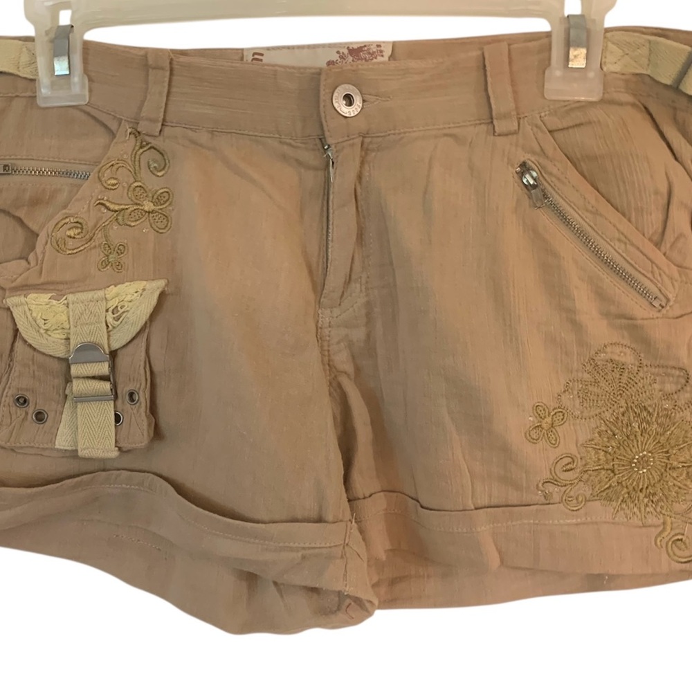 Lulumari Tan Embroidered Cargo Shorts